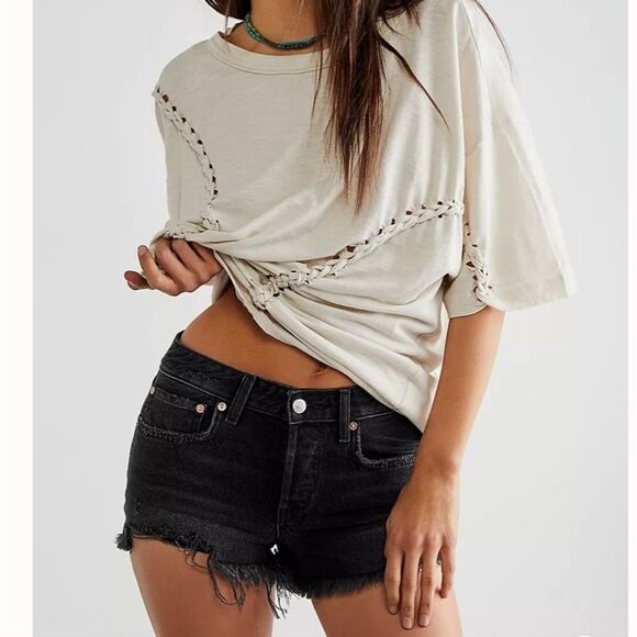 Free People Good Times Frayed Black Denin Jean Shorts - Picture 2 of 10